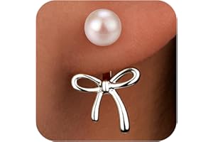 GELBESTY Pearl Christmas Bow Gold Earrings for Women Trendy, Cute Small Pearl Bowknot Jacket Stud Earrings, Hypoallergenic Cartilage Jewelry for Sensitive Ear, Christmas Stocking Stuffer Jewelry Accessory Gifts for Prom Party