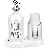 Mouthwash Dispenser for Bathroom,BYAWAY Mouthwash Dispenser with Cup Holder,14 Mouthwash Cups and Funnel,Refillable Glass Mouthwash Container (White)