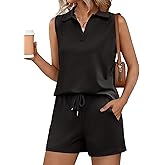 Rapbin Two Piece Short Sets for Women Sleeveless Matching Lounge Set V Neck Tops and Drawstring Shorts Summer Outfits