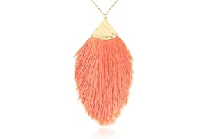RIAH FASHION Antique Bohemian Silky Thread Fan Tassel Statement Necklace - Vintage Gold Feather Shape Strand Fringe Lightweight Long Chain