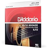 D'Addario EJ12 80/20 Bronze Acoustic Guitar Strings, Medium 13-56 | Bright projecting 80/20 bronze acoustic guitar strings deliver crisp tone, reliable performance, and comfortable playability