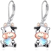 YONFQE Cow Earrings S925 Sterling Silver Cute Animal Dangling Hanging Pendant Earrings Jewelry Gifts for Women