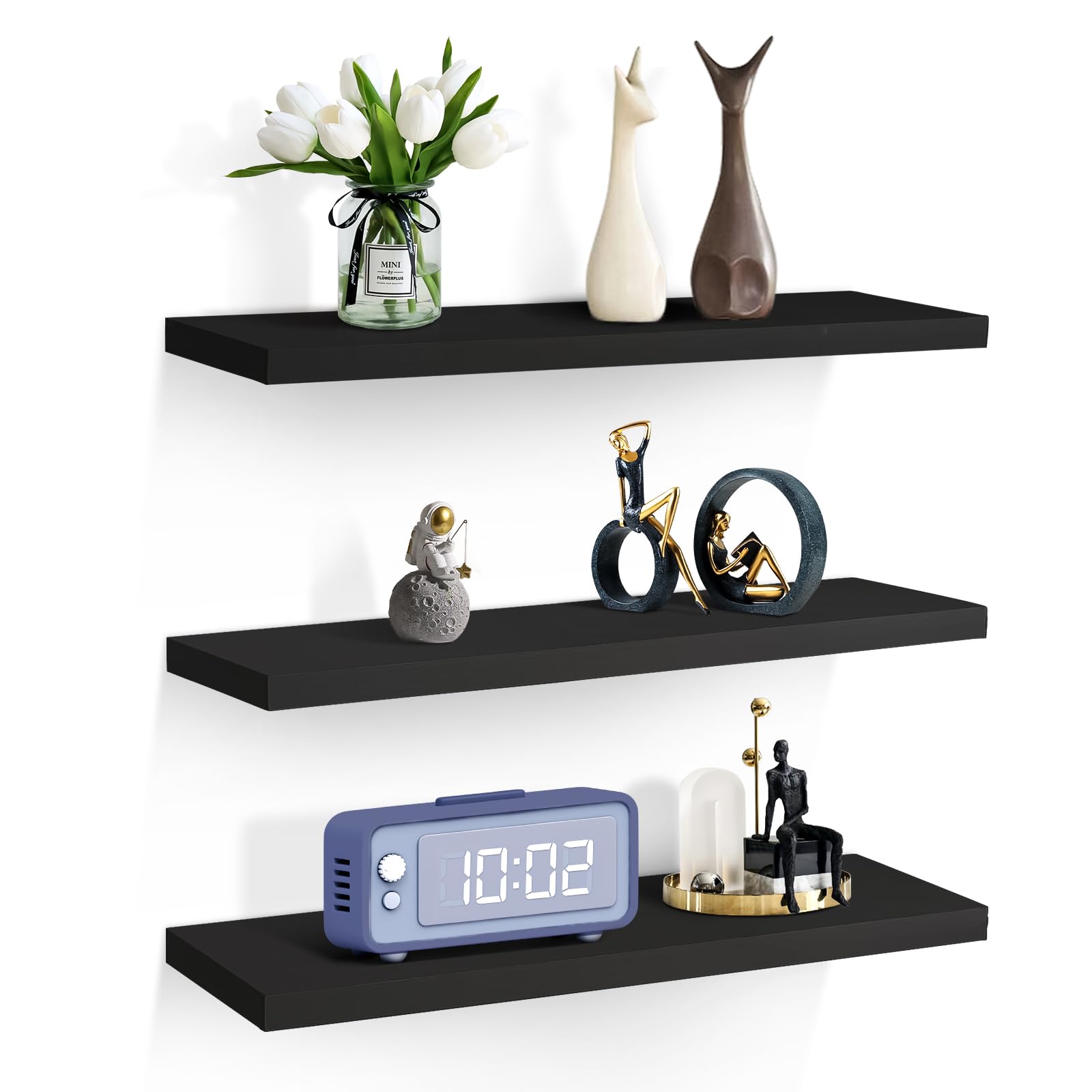 Sour Lemon 3PCS Floating Shelves Black, 58cm Shelves for wall, Shelves Screw Mounted, Display Wall Decor Display Shelves Storage for Living Room,Bedroom,Kitchen (Black, 58x15x1.5cm)