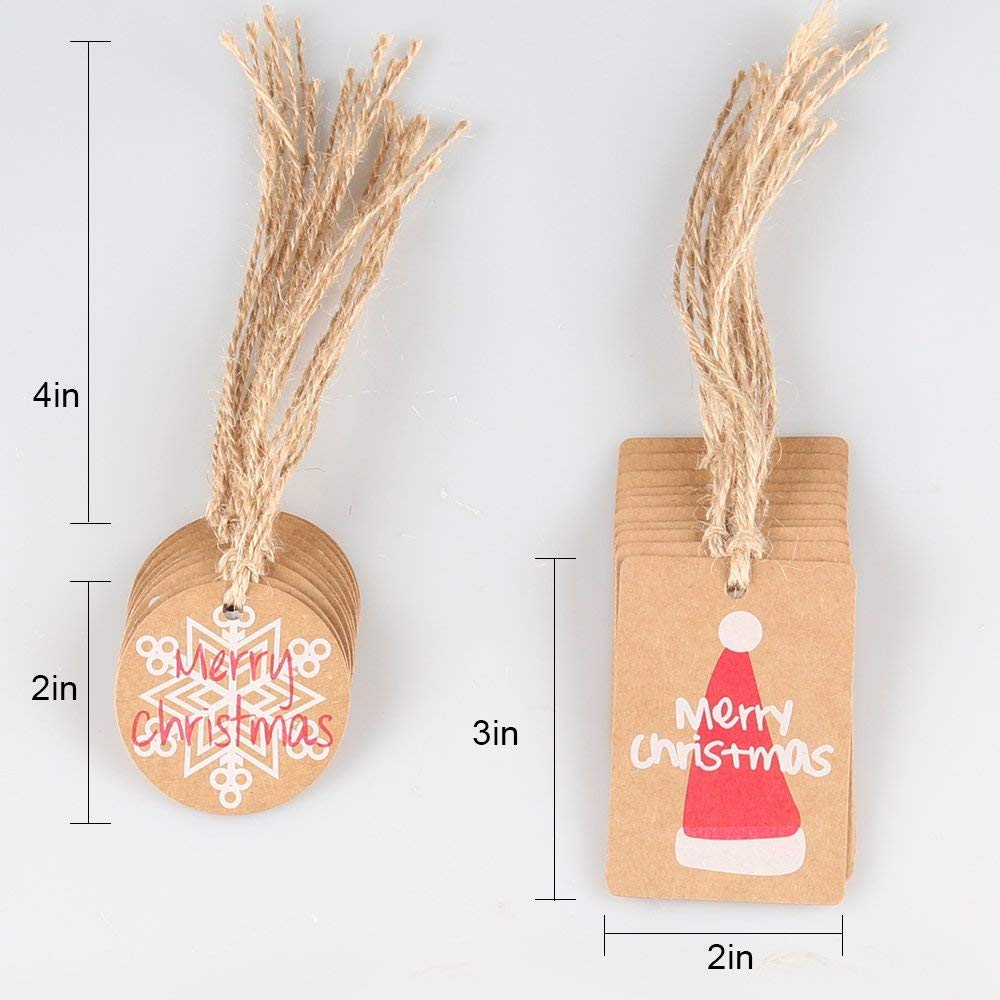150 Etichette Regalo In Carta Kraft Con Spago Rosso - Formato 9x4 Cm, Misti Motivi (Fiocco Di Neve, Cerbiatto, Albero) - 2