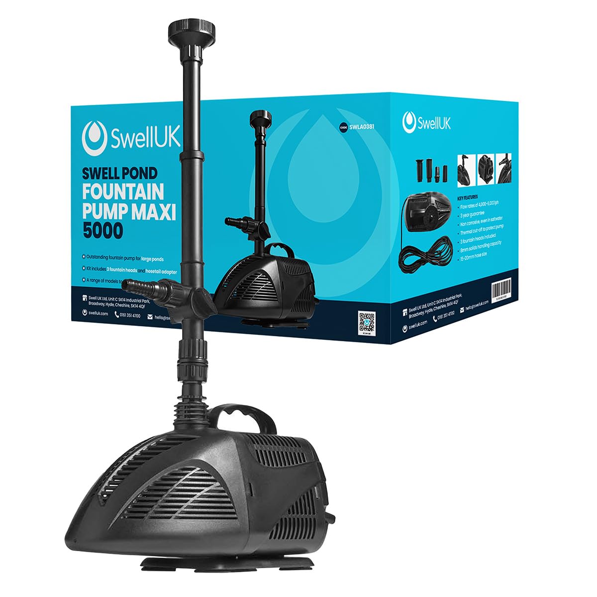 Swell UK Ponds Fountain Pump Maxi 5000 for Large Outdoor Garden Pools. Powerful with Multiple Spray Nozzles Heads. Fully Submersible with Thermal Cut-Off and a 3 Year Guarantee