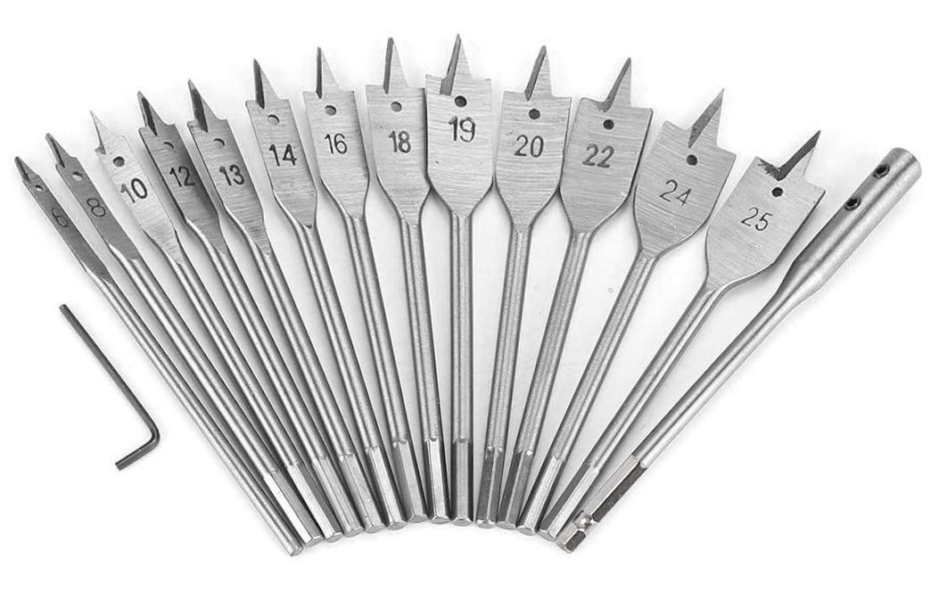 KAHEIGN 15Pcs Spade Drill Bit Set, 6mm - 25mm Titanium Coated Carbon Steel Paddle Flat Wood Drill Bit with Wrench and aAuxiliary Lever for Woodworking
