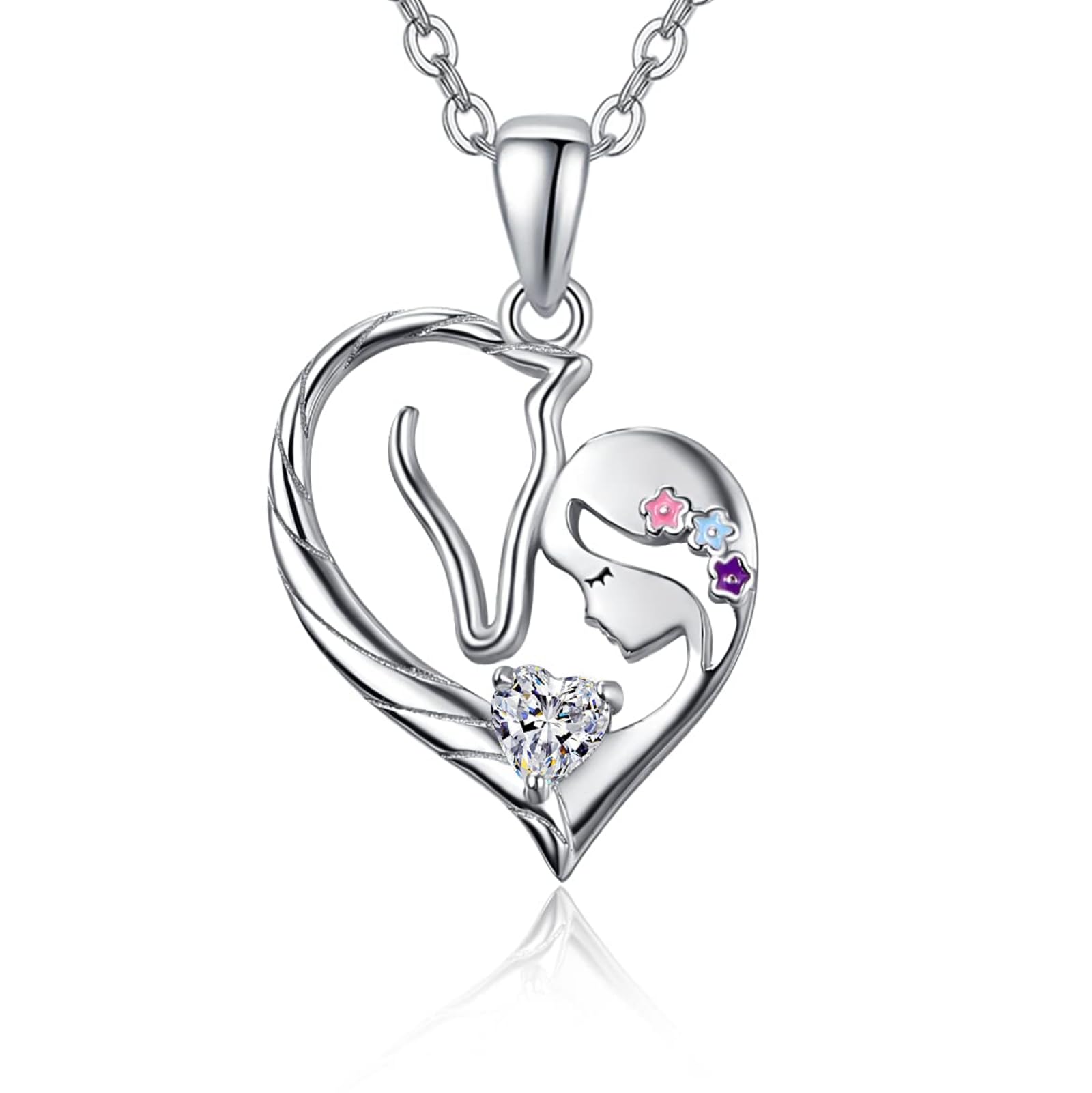 praymos Horse Pendant Necklace Jewelry 925 Sterling Silver Girls and Horse Ponny Heart Unicorn Jewellery Gift for Women Girls (Girl Horse Necklace)