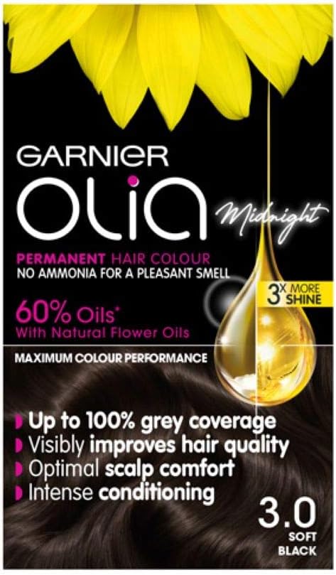 Garnier Olia Soft Black Permanent Hair Dye, Up to 100% Grey Hair Coverage, NO Ammonia, 60% Oils - 3.0 Soft Black