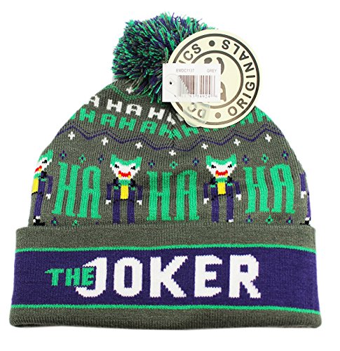 Batman Men's Joker Fair Isle Cuff Pom Beanie, Grey, One Size