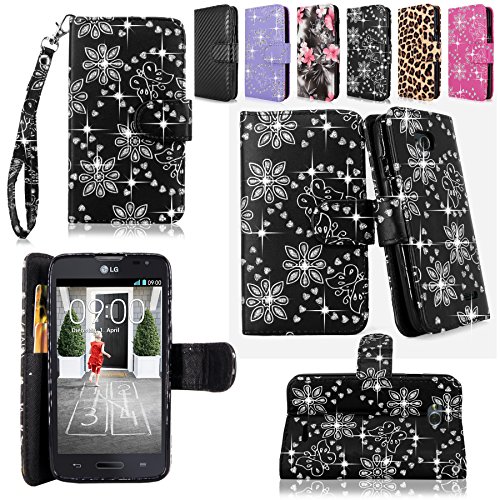 Cellularvilla Wallet Case for LG Optimus L70 (MetroPCS) MS323 / Optimus Exceed II (Verizon) VS450 / Dual D325 Pu Leather Shiny Glitter Wallet Card Flip Open Pocket Case Cover Pouch (Black Glitter)
