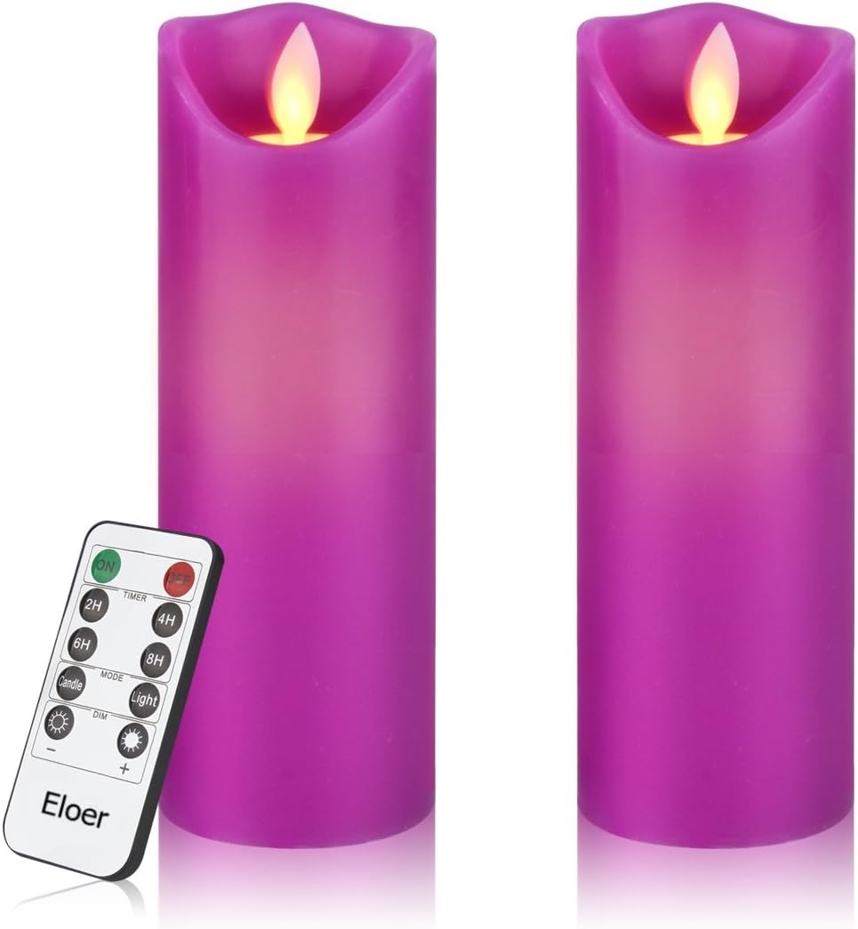 Eloer Flameless Candles 2 Pack Set Dripless Real Wax LED Pillars Include Realistic Flickering Flames and 10-Key Remote Control with 24-Hour Timer Function 400+ Hours by 2 AA Batteries (Purple)