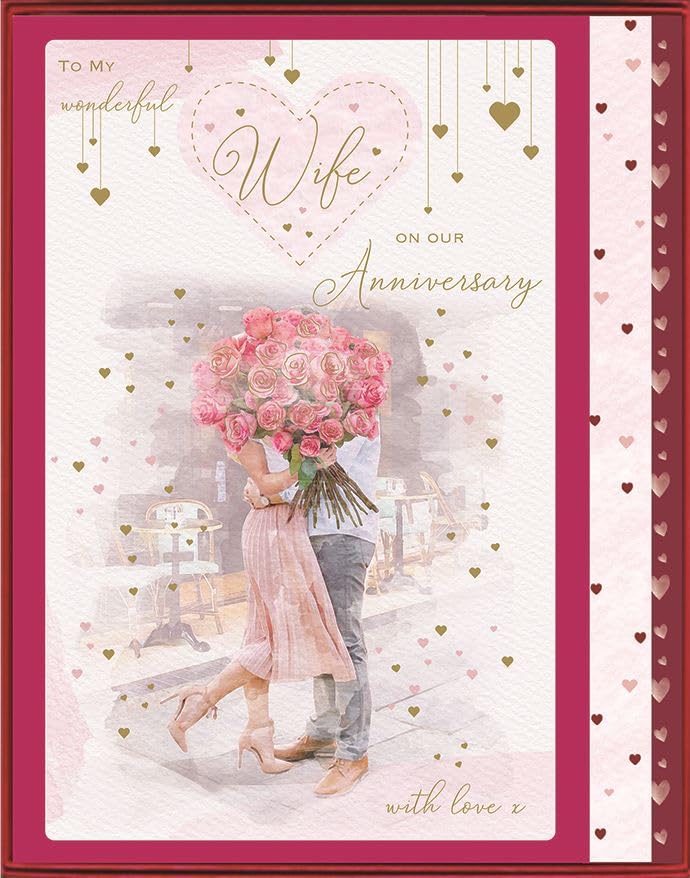 ICG Wonderful Wife Large Luxury Handfinished Boxed Anniversary Card - Couple Embracing with Rose Bouquet - Foil and Embellished Finish