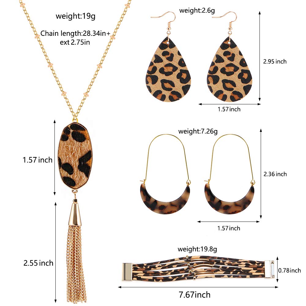 AgeXinjo 4 Pieces Leopard Jewelry Set Leopard Leather Bracelet Dangle Earring Acrylic Earrings Fur Long Necklace for Women-Oval