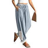 TARSE Women’s Linen Harem Pants Boho Loose with Lace Trim Casual Vintage Lantern Summer Travel Cropped Pants