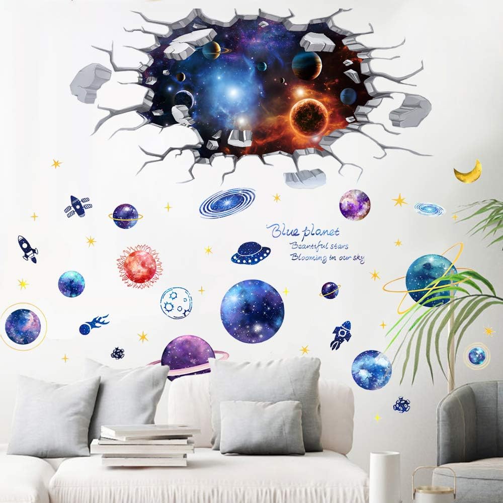 2 Pack Creative 3D Space Galaxy Wall Decals, TANOSAN Removable PVC Outer Space Wall