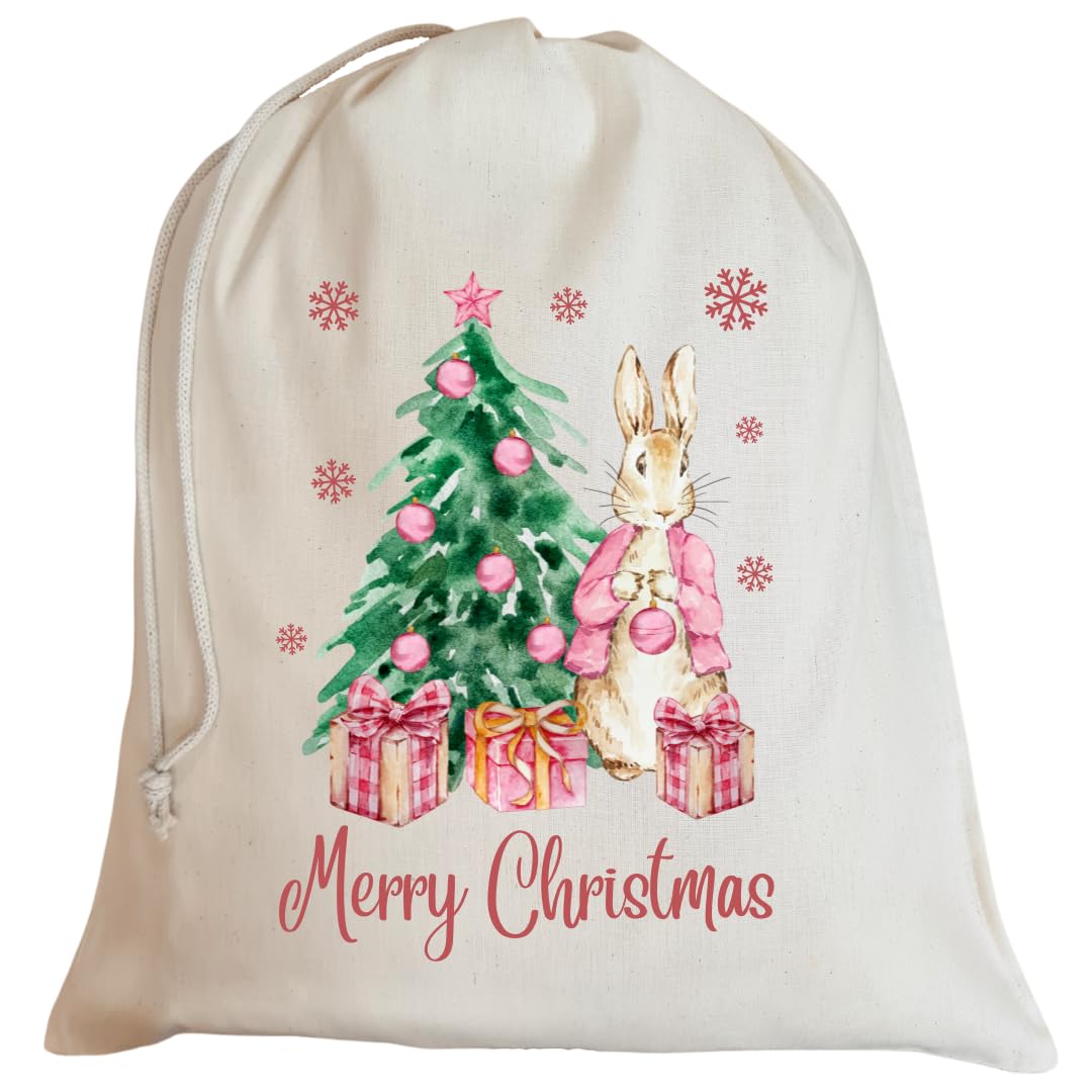 Second Ave Cute Pink Bunny Rabbit Christmas Sack Cotton Drawstring Xmas Santa Sack Bag Gift Girls