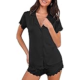 Zlaivwa Womens Pajama Set Short Sleeve Summer Soft Sleepwear Button Up Pjs Lounge Sets Lace Top and Shorts Pj Nightwear