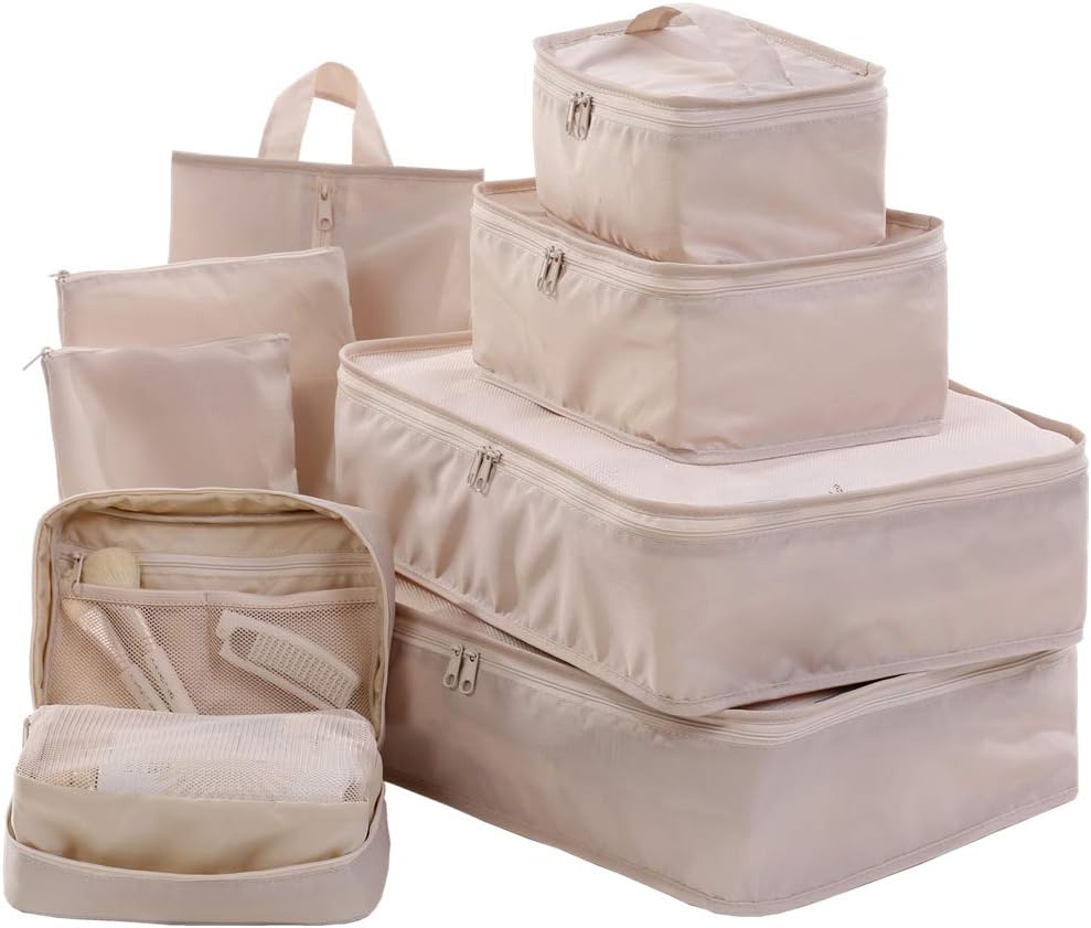 Travel Packing Cubes 8set-TZbonjourney-Travel Packing Organizers with Toiletry Bag Underwear Bag Shoe Bag and Zipper Pouches, Multi-Function Luggage Organizers (Beige)