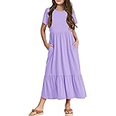 Batermoon Girls Short Sleeve Dress Casual A-Line Flowy Tiered Beach Maxi Dress with Pockcets