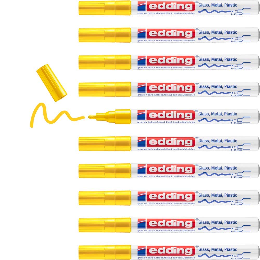 edding 751 gloss paint marker - yellow - 10 paint markers - round tip 1-2 mm - paint pen for glass, pebbles, wood, plastic, paper - waterproof, high coverage