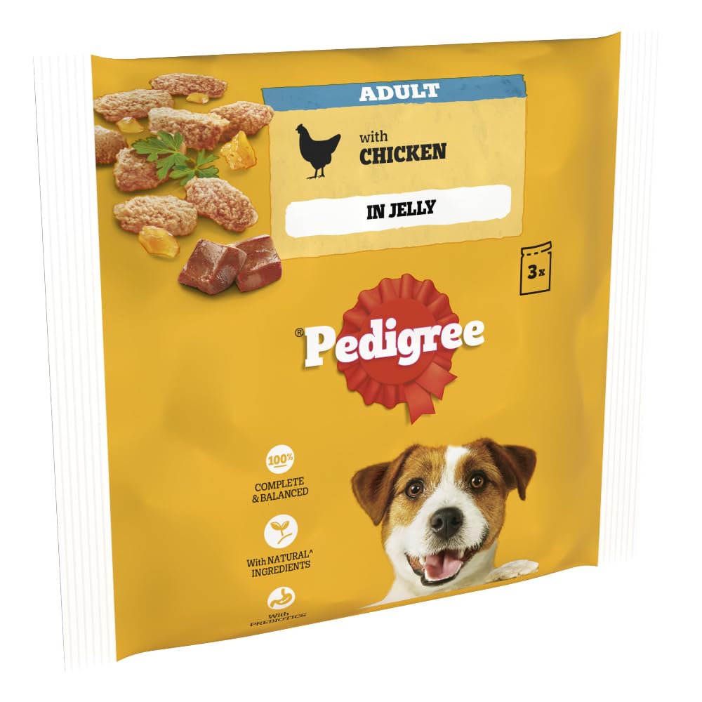 Pedigree Wet Dog Food for Adult Dogs 1+, with Chicken in Jelly, 3 x 100 g, transparent