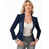 Yesfashion Women's Denim Short Blazer Long Sleeve Open Front Lapel Neck Business Casual Slim Fit Cardigan Jacket