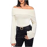 MakeMeChic Women's Off Shoulder Sweater Long Sleeve Fold Over Sweater Pullover Tops