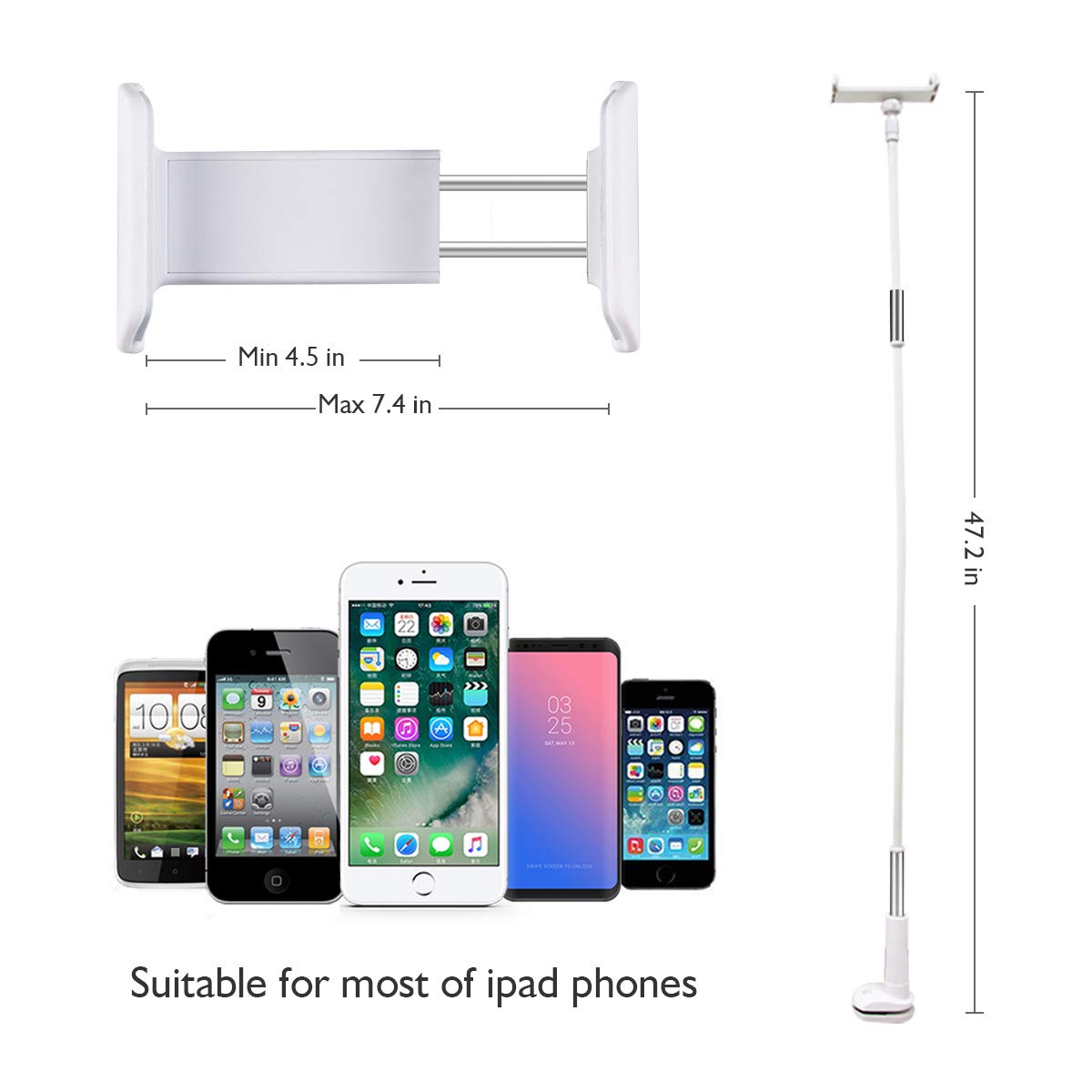 Licheers Lazy Phone Holder, 360 Rotating Flexible Long Arm Gooseneck Bracket for Universal Cell Phone, Solid Grip Securely Clamped to Counter Top, Bed Post, Desk (White)