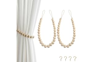 Hion 2 Pcs Boho Curtain Tiebacks,Wood Beads Curtain Holdbacks,Outdoor Farmhouse Tie Backs for Curtains,Curtain Holders for Drapes Home Office Decor with Hooks(Wood Color)