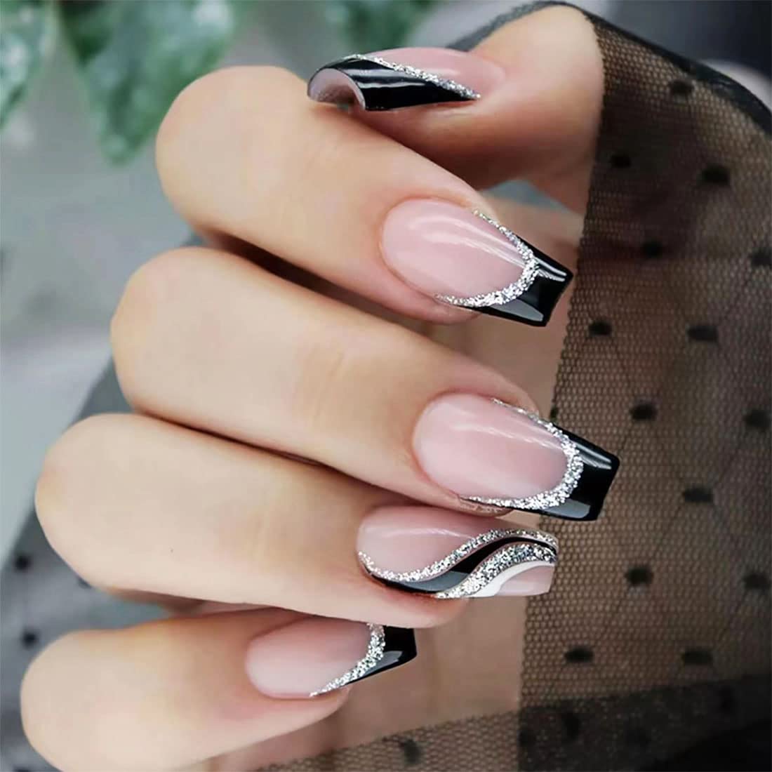 24 PCS French Mid-length Fake Nails Pink with Black Fake Nails Ballerina Fake Nails Line and Glossy Design Fake Nails Full Cover False Nails Art for Women and Girls Daily Decoration — image 1