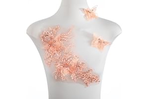 FixrWre Flower Pearl Fabric Rhinestones Beaded Lace Applique,3D Butterfly Embroidered Lace Patch for Clothes,Dress (Orange)