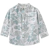 MOMOLAND Little Big Boys Long Sleeve Woven Cotton Button Down Linen Design Shirt Solid Printed