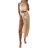 Fisoew Womens Crochet Swim Cover Ups 2 Piece Sleeveless Crop Tops Beach Wrap Skirt Hollow Out Boho Coverup Set
