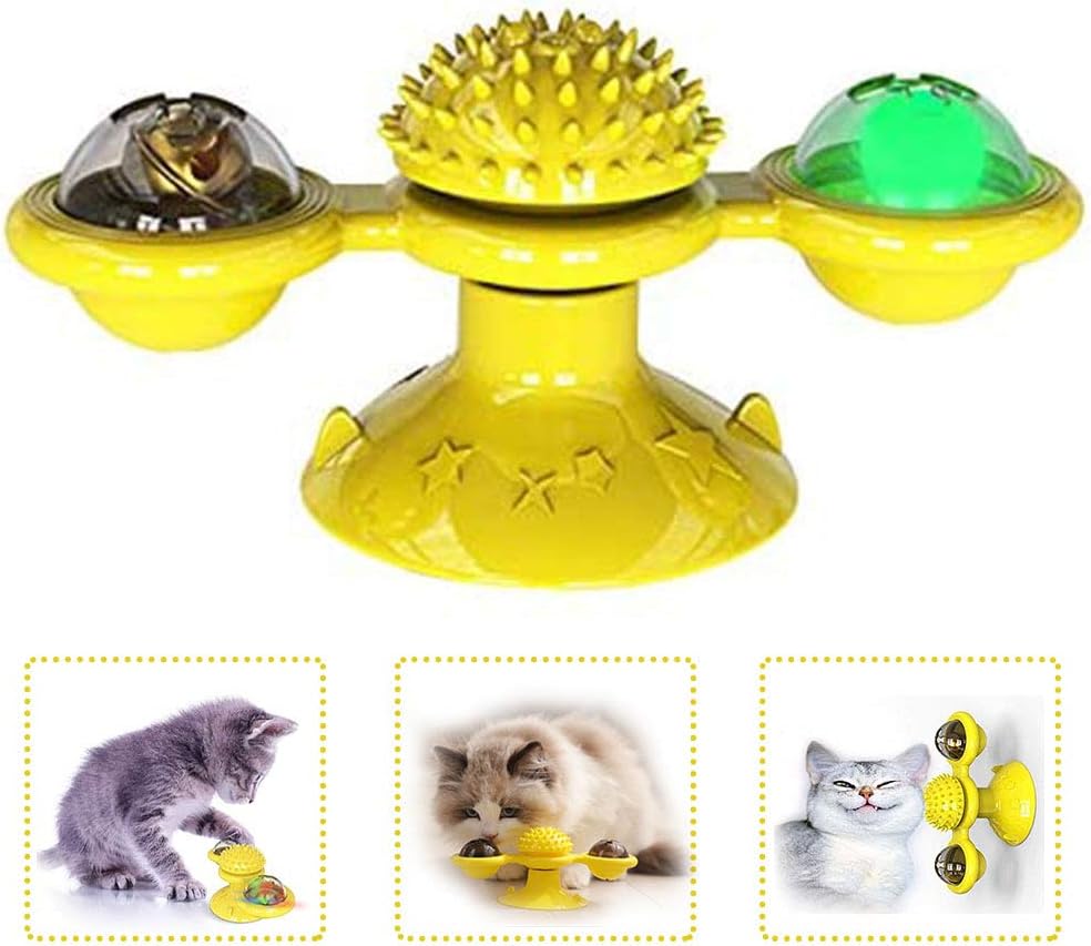Cat Toys for Indoor,Interactive Windmill Cat Toy with Suction Cup Brush for Cat Tooth Cleaning Scratching,Wall Mount Cat Spinner with Rotatable Catnip Ball