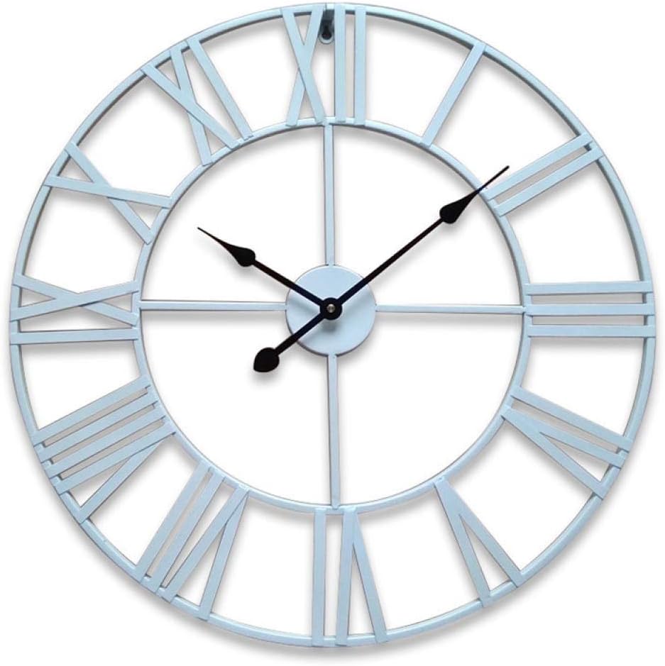 60Cm White Round Wrought Iron Clock,Living Room Wall Clocks Roman Openwork Silent Home Decor