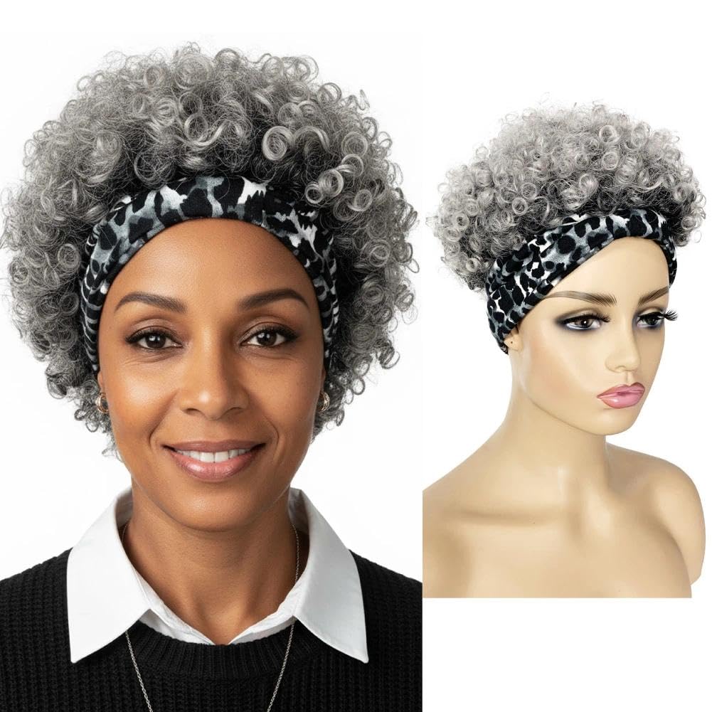 Short Afro Curly Wigs with Headbands Attached for Black Women Synthitic Afro Puff Drawstring Kinky Curly Wig Headwrap Hairstyles For Black Women