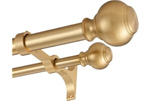 FUMLYATE 1 Inch Double Curtain Rods 72 to 144 Inches, Adjustable Telescoping Window Drapery Rod, Dual Heavy Duty Curtain Rods with Iron-Finials for Sliding Glass Door, Patio, Bedroom, Kitchen, Warm Gold