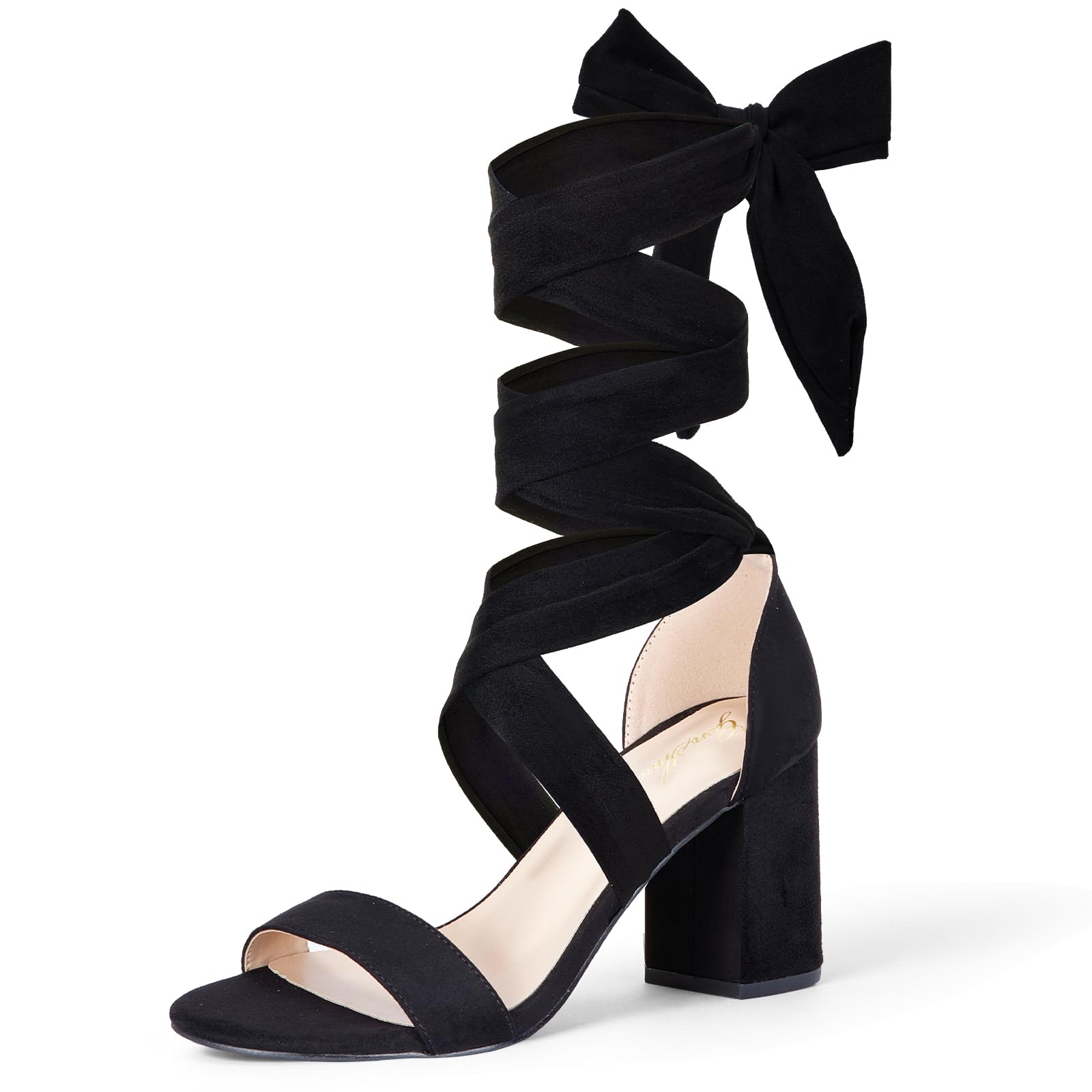 Photo 1 of GENSHUO Women's Chunky High Heels Lace Up Strappy Block Sandals Open Toe Sexy Dress, Black Size 8