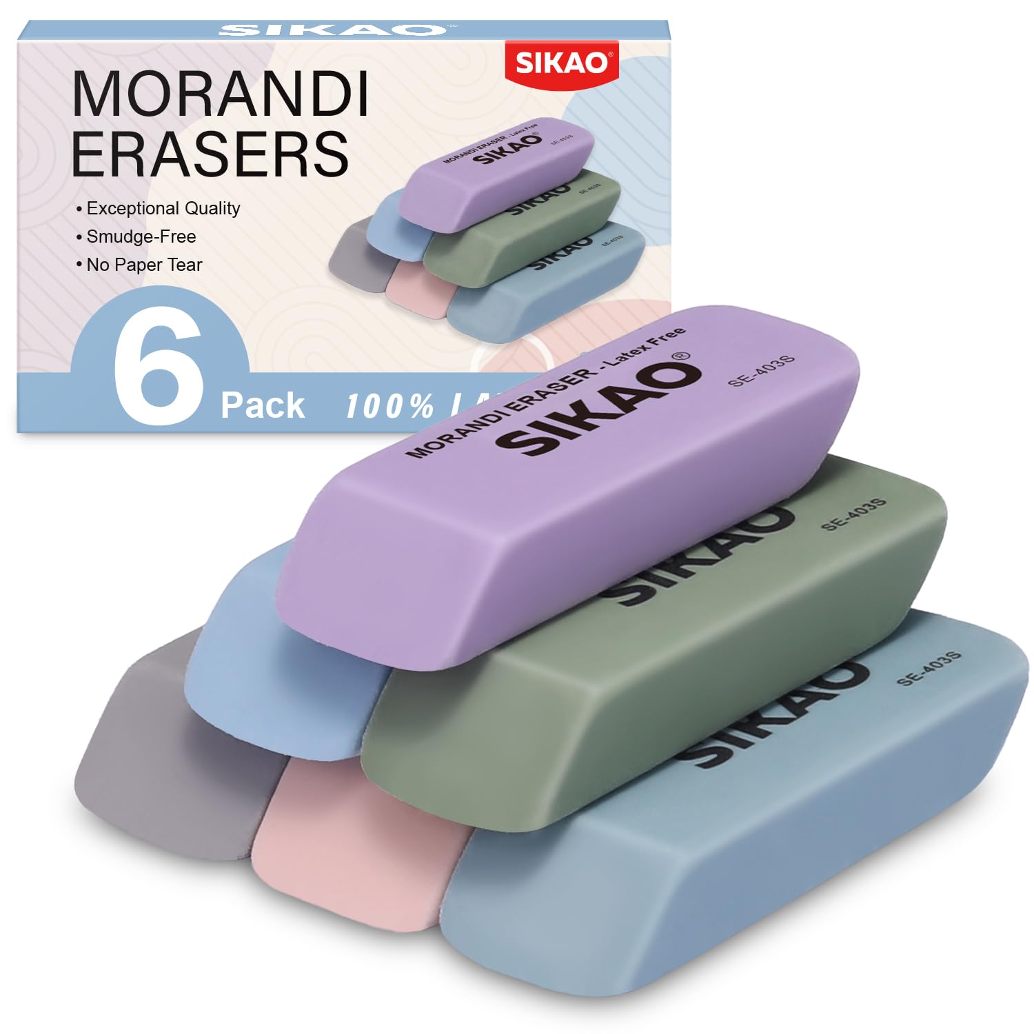 SIKAO Morandi Erasers, 6 Pack Pencil Erasers for Kids – Aesthetic Pastel Beveled Rubber Erasers, Latex-Free & Smudge-Free for School Supplies, Classroom & Daily Writing