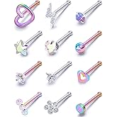 Prjndjw 20GNose Rings Studs Surgical Steel Nose Stud Hypoallergenic Cute CZ Small Heart Star L Shape 20 Gauge Silver Flower Opal Nose Piercing Jewelry