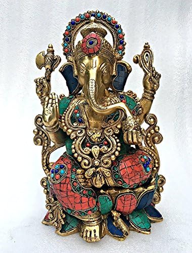 1 ft Large Lotus Sitting Ganesha Brass Statue Hindu Good luck God Deity Ganesh Figurine -Indian Handmade Idol sculptures