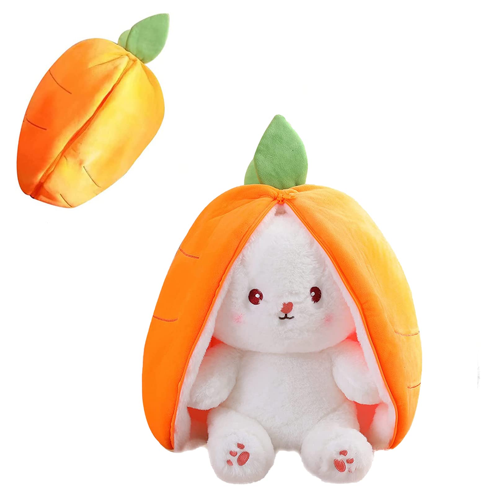 Mukorolee Bunny Plush Doll Toy Pillow, Reversible Carrot Strawberry Bunny Stuffed Animal with Zipper, Cute Rabbit Decoration for Kids & Adult Birthday Party Gift (1pcs 10" Carrot)