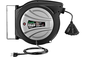 Cecarol Extension Cord Reel 12AWG/3C SJTOW 65FT Retractable Cord with Triple Tap, 15A/ 125V/ 1875W, Slow Retraction Tech, Circuit Breaker, Power Indicator, 180° Swivel (65FT, Black)