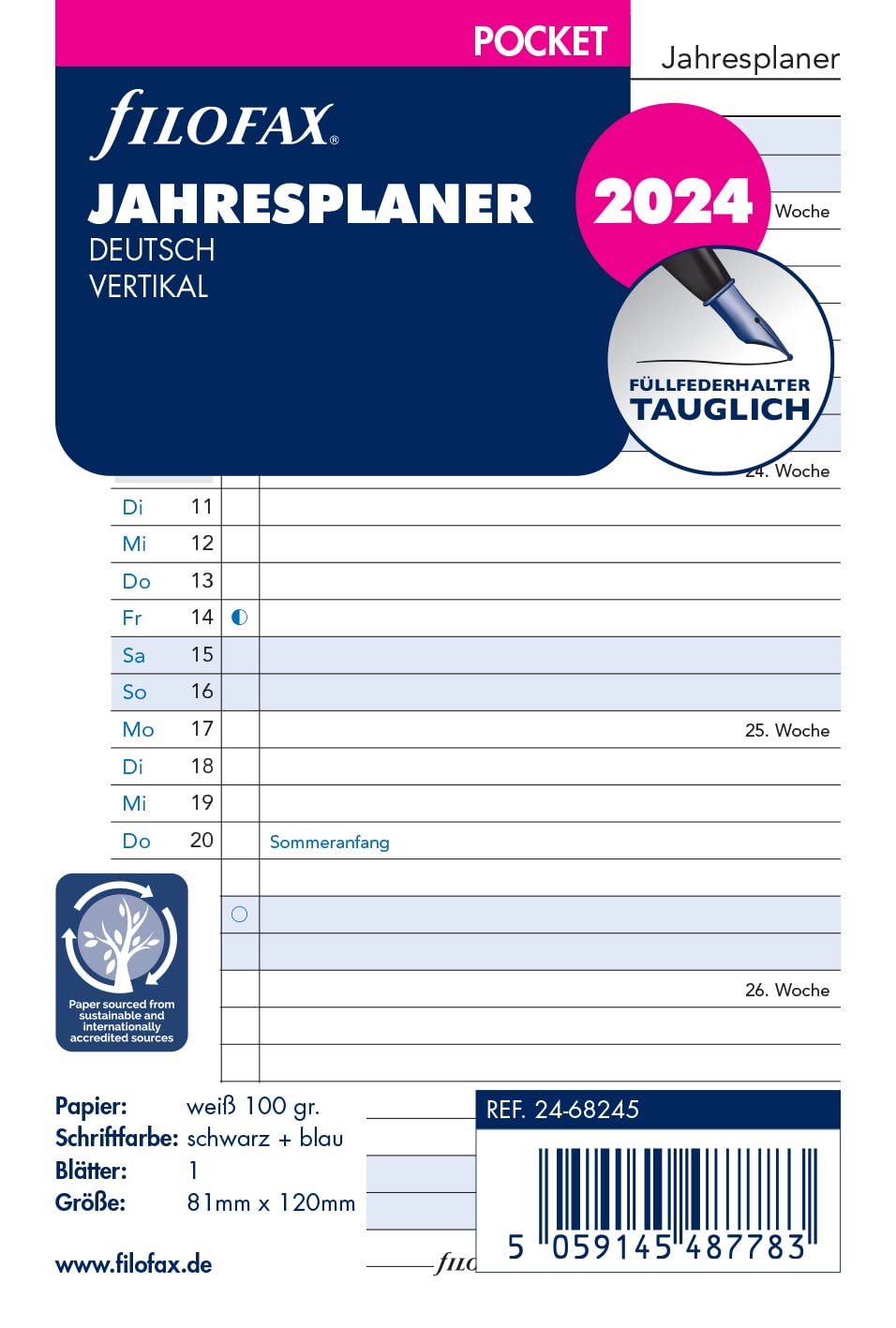 Filofax Pocket 24-68245 Year Planner Vertical (German) 2024, White