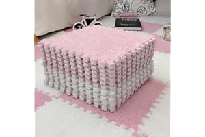 HUIDUO 12-Piece Plush Thick Foam Interlocking Floor Mats, Carpet Squares Fluffy Mat with Border, Playroom Soft Baby Exercise Climbing Carpet Mats Shaggy Area Rug Tiles for Room Floor - White+Pink