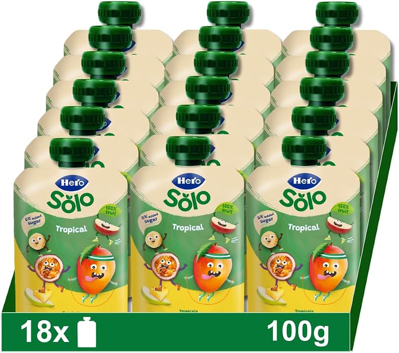 Hero - sachês de frutas tropicais, sem conservantes ou corantes, óleo de palma, glúten ou açúcares adicionados, para bebês a partir dos 12 meses - embalagem de 18 x 100 g