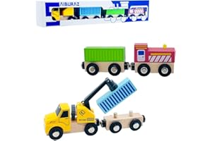 SAIBURAZ Wooden Trains Cars with Crane Magnetic Train Toys for Wooden Train Tracks Train Sets for Toddlers and Kids Ages 3+ (Crane Train)