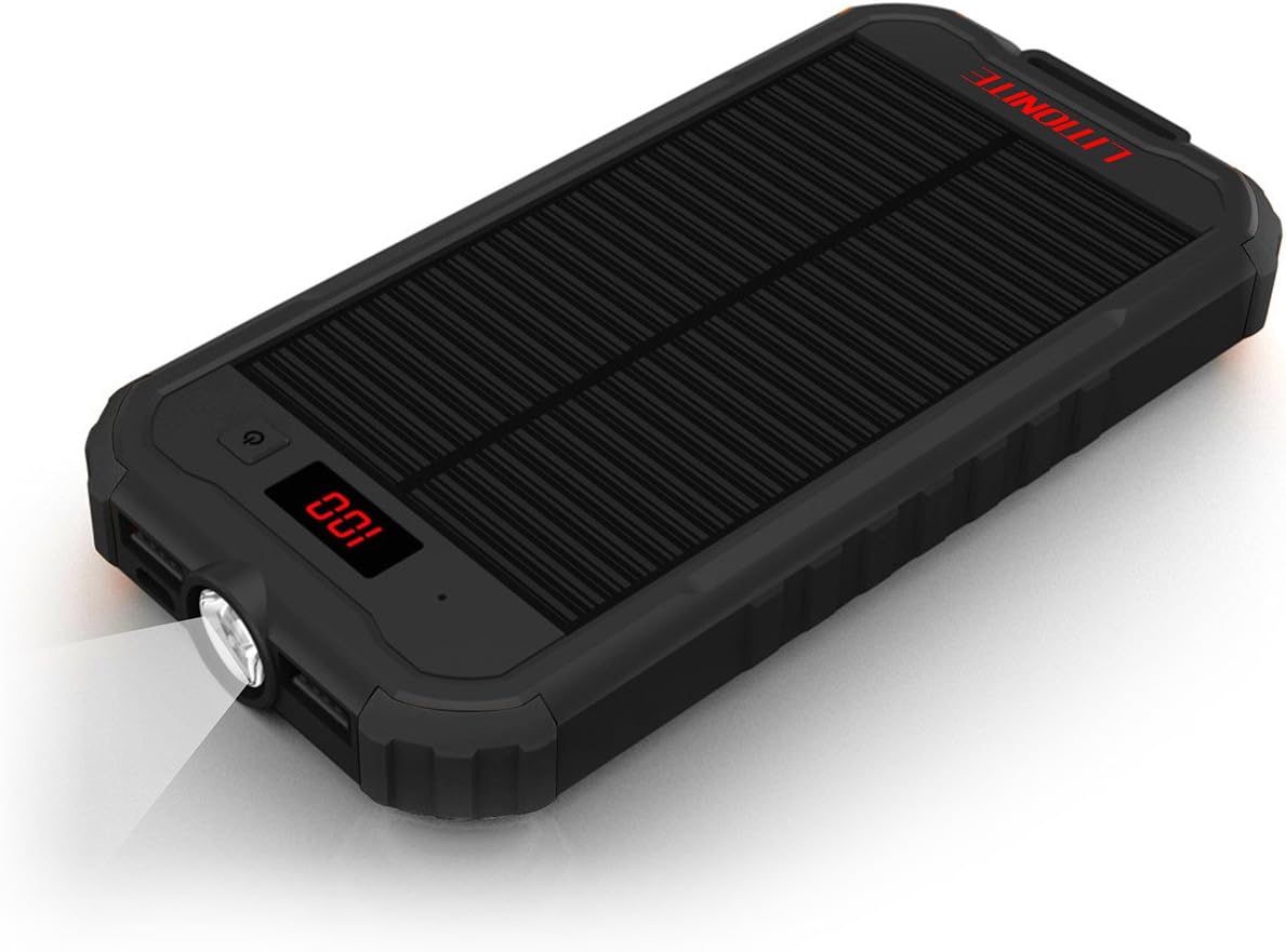 Litionite® Mazone 12000mAh Power Bank with solar panel - Ultra compact portable charger with LED Display and Flashlight + Dual USB output - Bumper for 360° protection and Anti-slip material - Universal external battery for Smartphone and Tablet