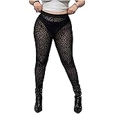 SOLY HUX Women's Plus Size Leopard Leggings Tights Sheer Mesh High Waisted See Through Pants