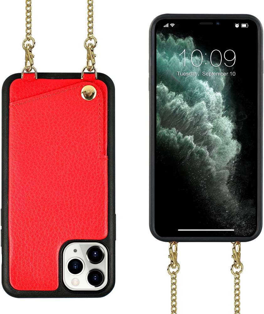 iPhone 11 Pro Max Crossbody Case, JLFCH iPhone 11 Pro Max Wallet Case with Card Slot Credit Card Holder Crossbody Strap Shoulder Chain Cover for Apple iPhone 11 Pro Max 6.5 inch - Red